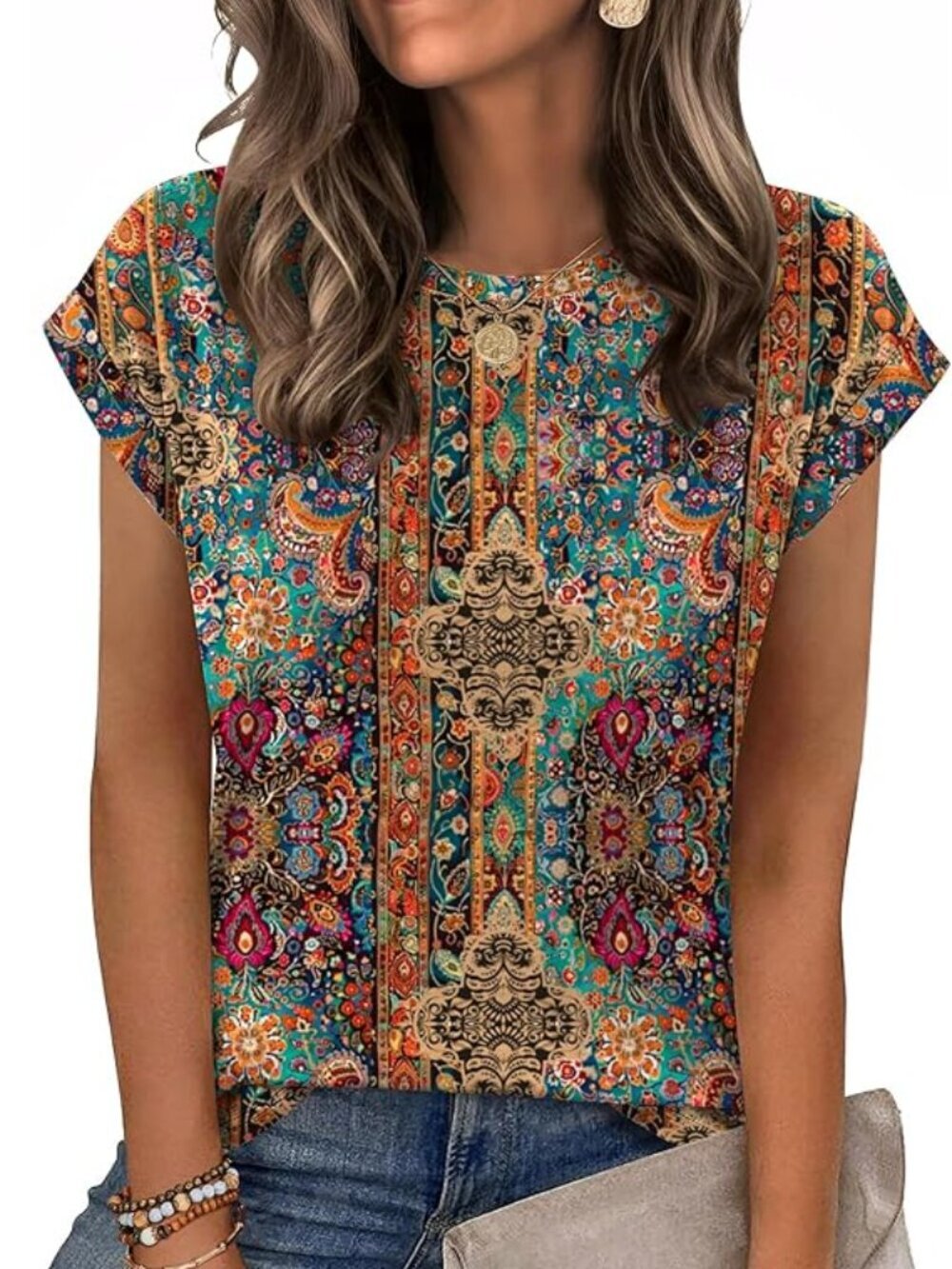 Zeagoo Boho Paisley Print Cap Sleeve Crewneck Summer Top
